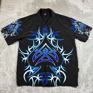Vintage Y2K Blue Flame Shirt Mens XL Black‎ Tribal D Clothing Button UP Spade